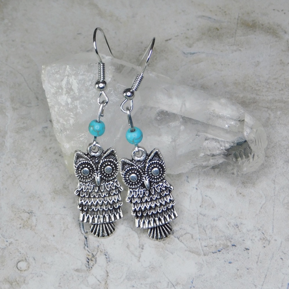 Women's Silver Turquoise Owl Earrings - Picture 2 of 5